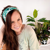 Adult women's white headband with large green leaf houseplant print