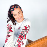 Adult women's black headband with yellow, red and white artistic cartoons of Patrick Mahomes, Avery Reid and Travis Kelce