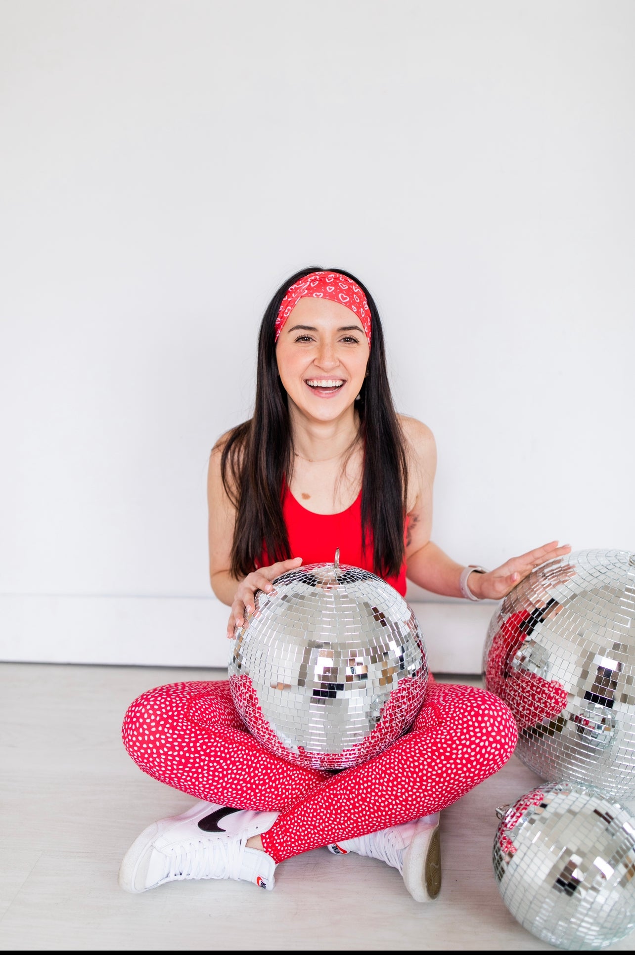 Adult women's red headband with white drawn hearts and dash marks