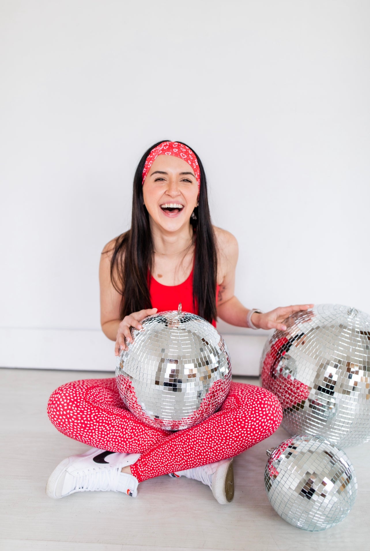 Adult women's red headband with white drawn hearts and dash marks