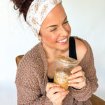 Adult women's light tan headband with allover iced coffee cups and tiny brown, taupe and tan stars