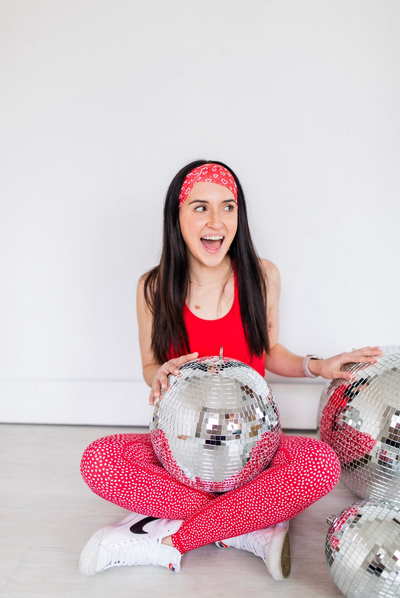 Adult women's red headband with white drawn hearts and dash marks