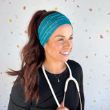 Adult women's teal headband with white EKG line print