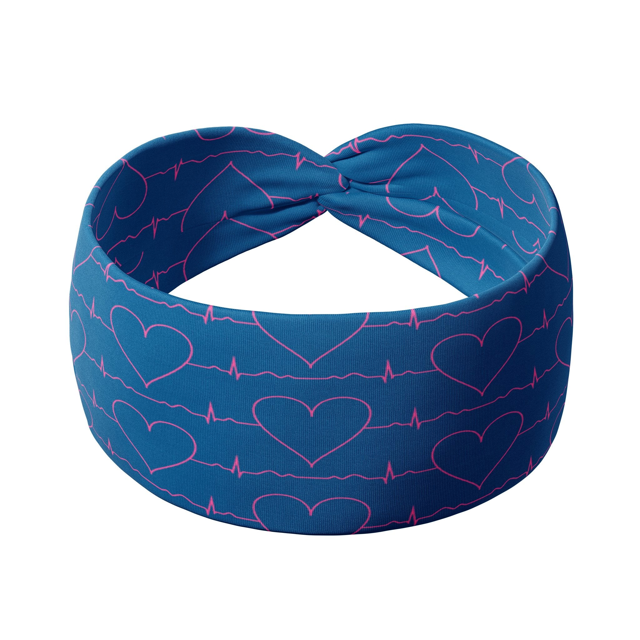 Adult women's deep blue headband with hot pink heart and heart rate print