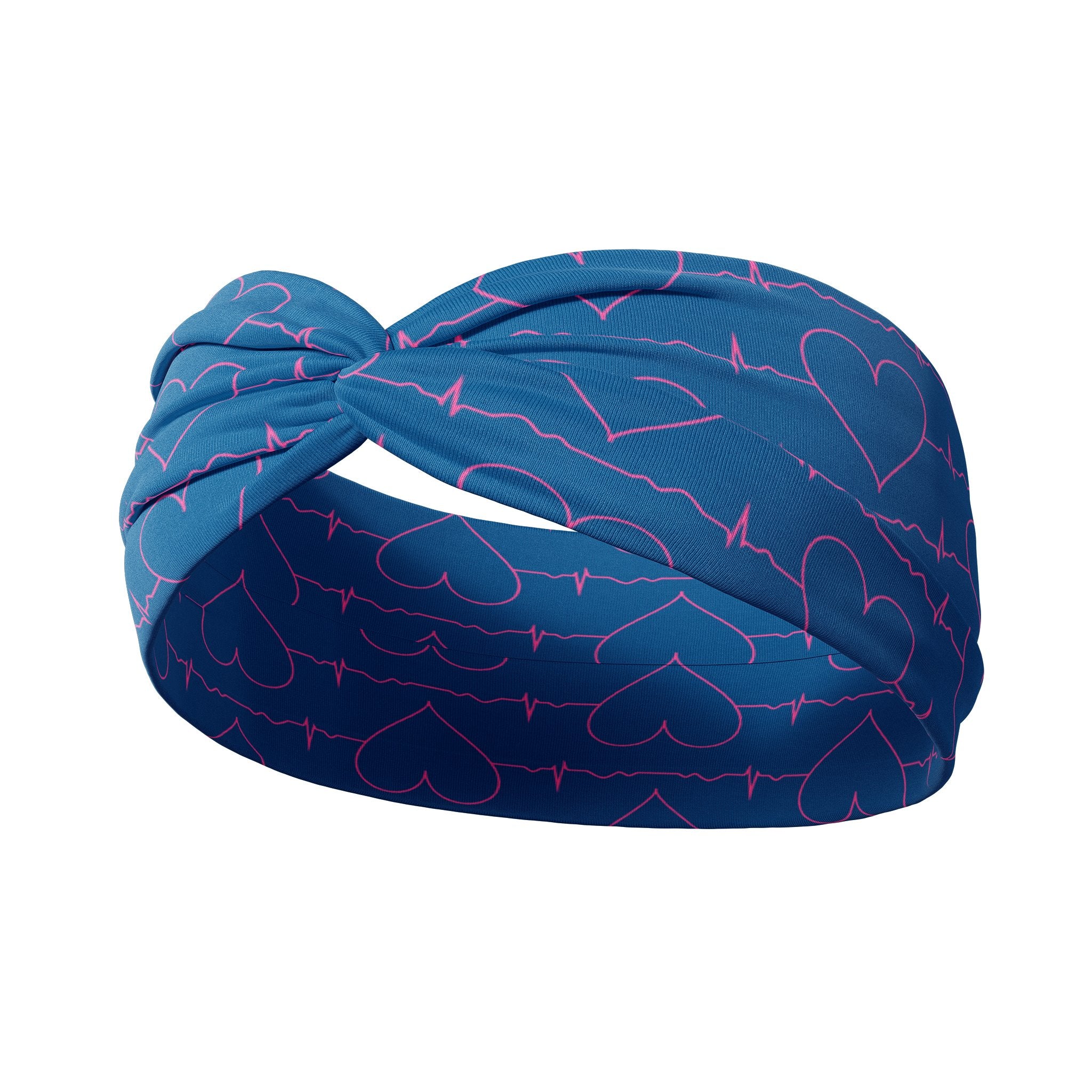 Adult women's deep blue headband with hot pink heart and heart rate print