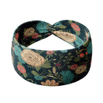 Adult women's black headband with hand-drawn gold, teal and coral roses with green stems and leaves