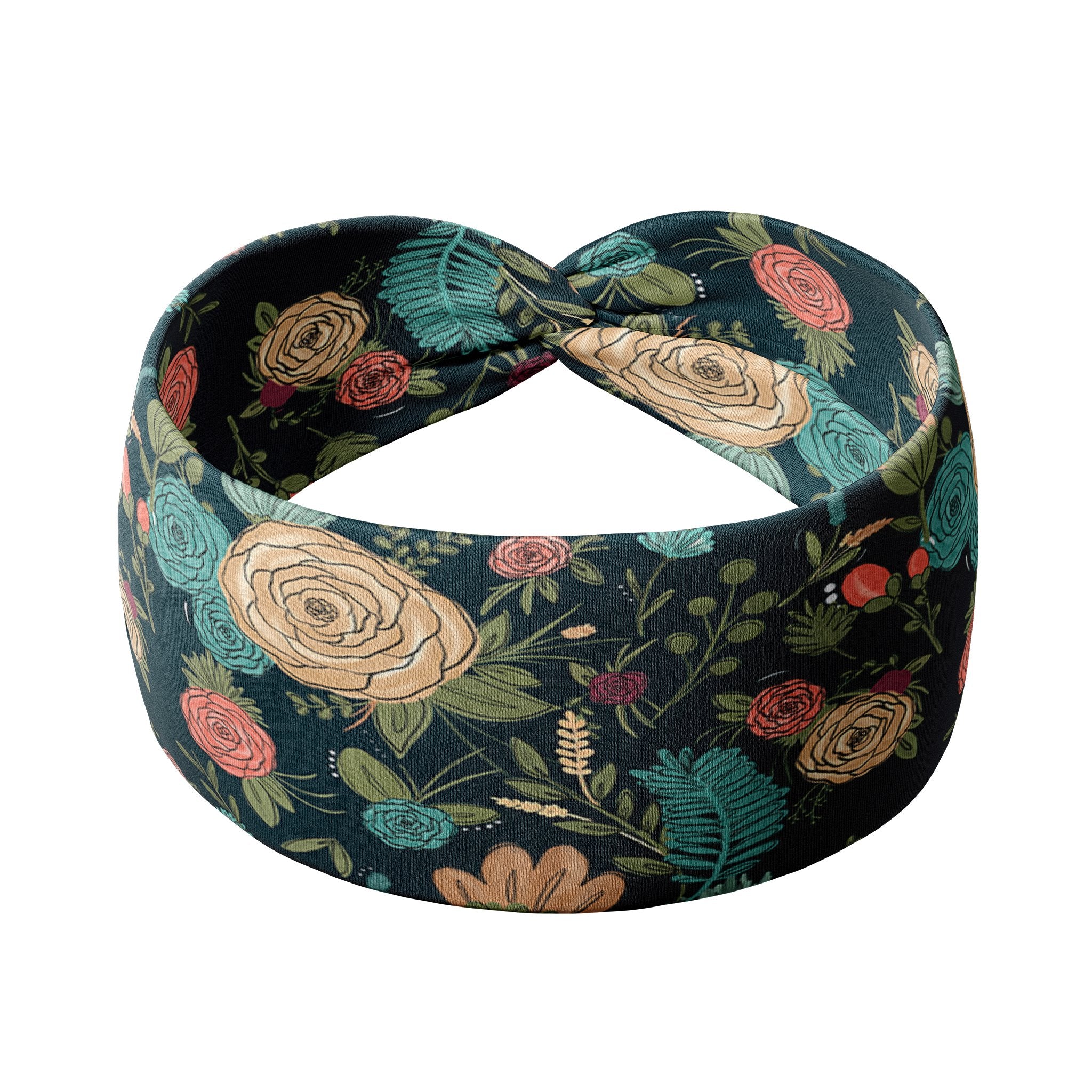 Adult women's black headband with hand-drawn gold, teal and coral roses with green stems and leaves