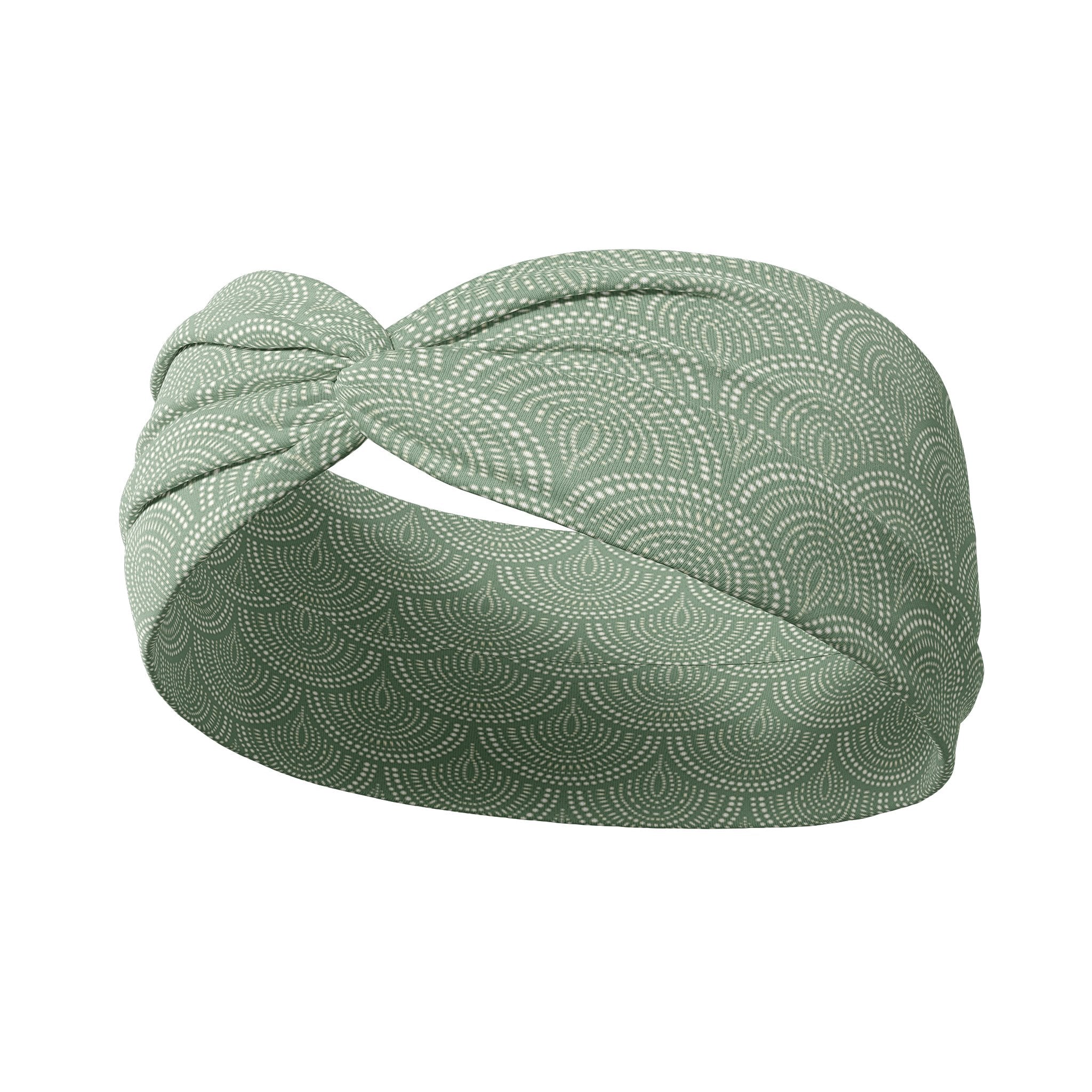Adult women's sage headband with white dotted semi-circle layered scallop pattern