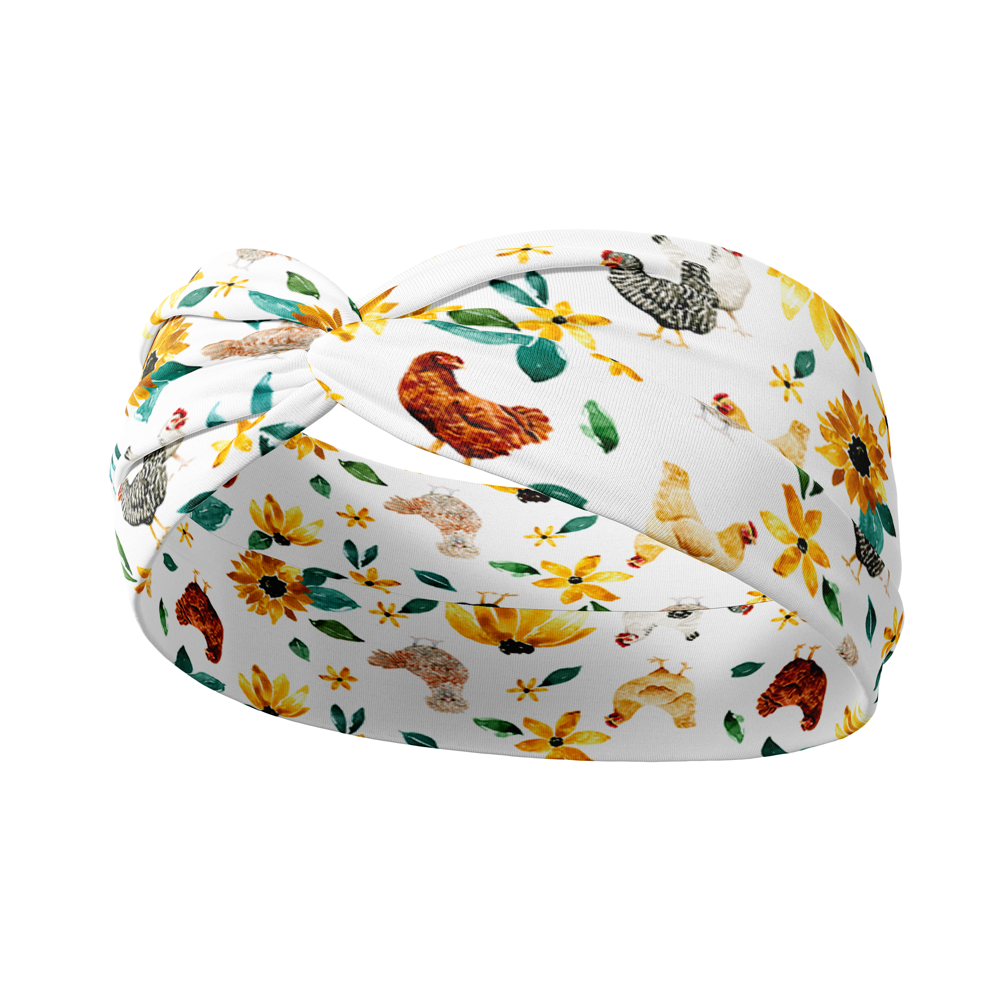 Adult women's white headband with yellow sunflowers with leaves and different breeds of chickens with brown, black, white, and multi-colored feathers