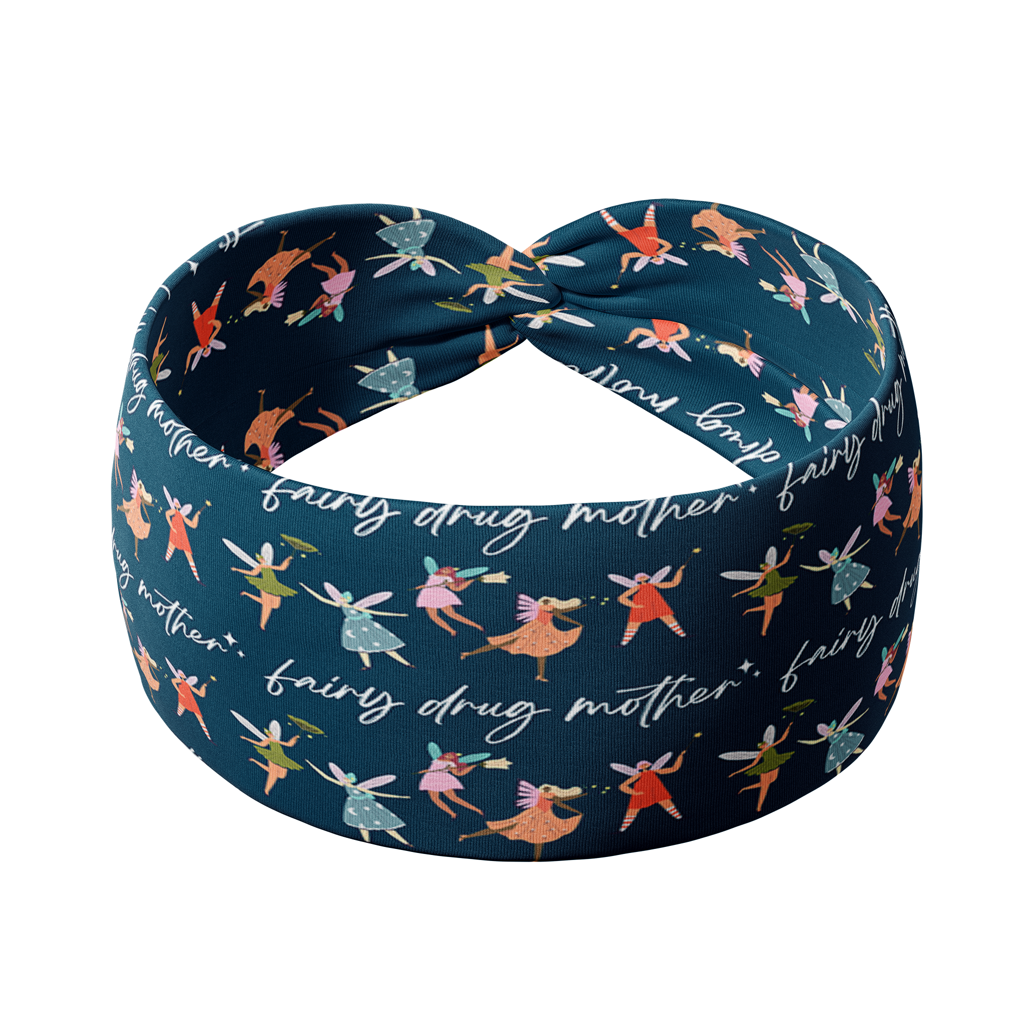 Adult women's navy headband with the script "fairy drug mother" and three small fairy characters across the band