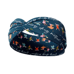 Adult women's navy headband with the script "fairy drug mother" and three small fairy characters across the band