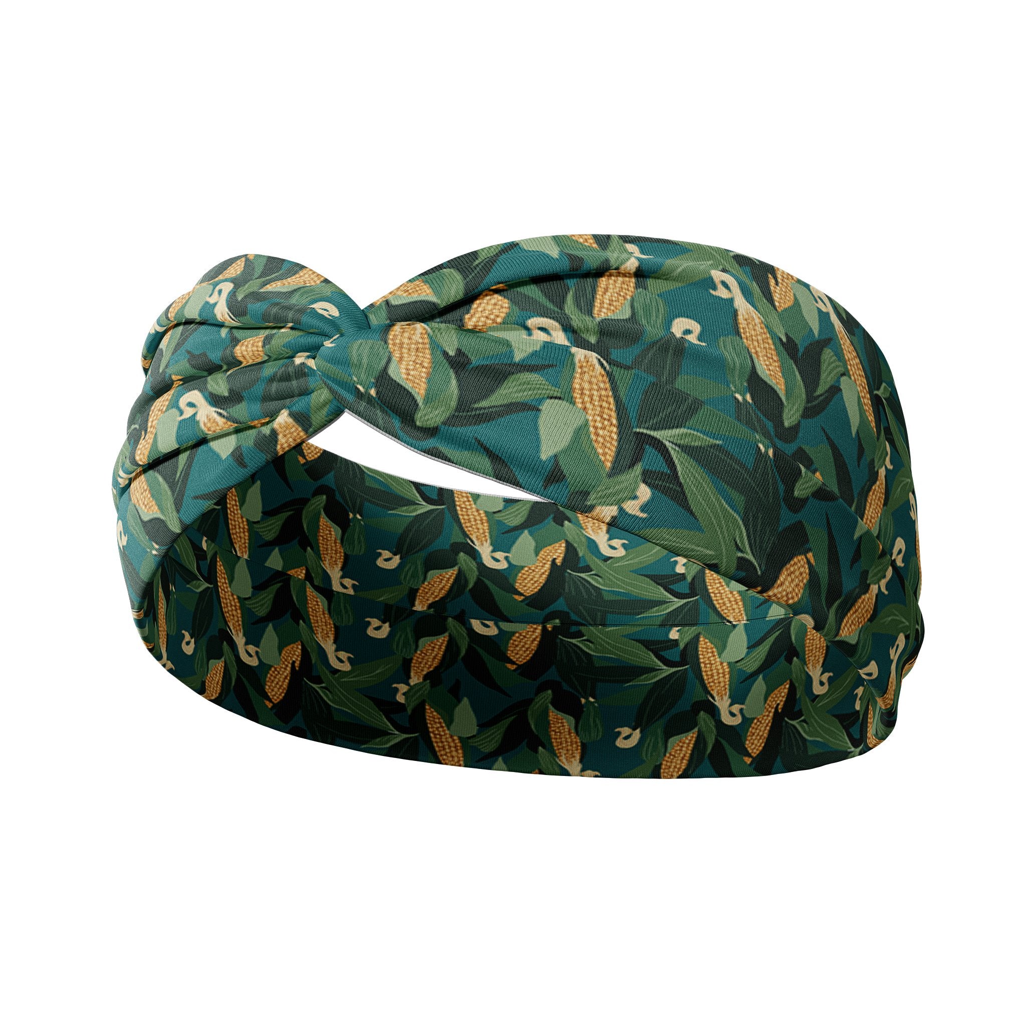 Adult women's dark green headband with yellow corn on the husk with different shades of green leaves