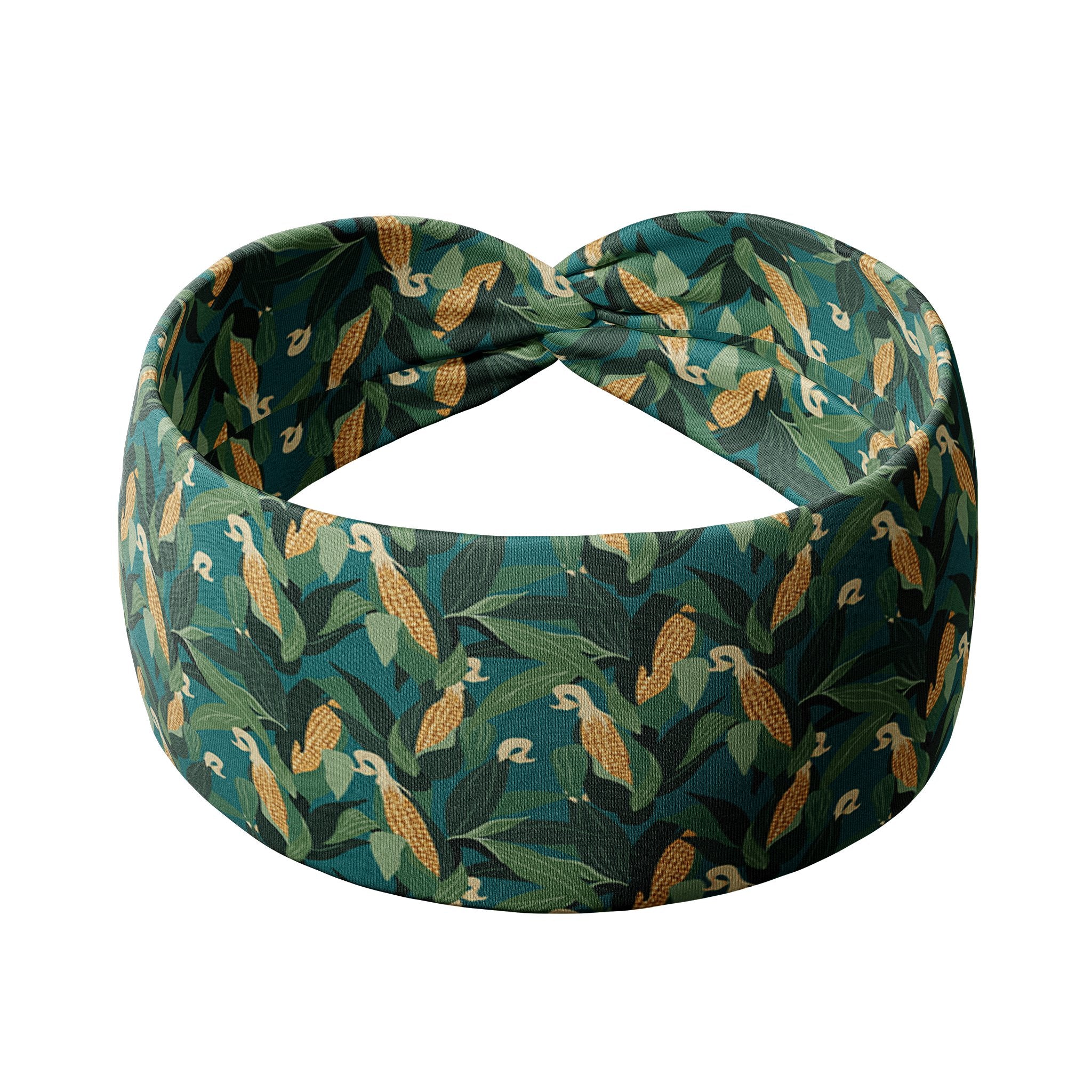 Adult women's dark green headband with yellow corn on the husk with different shades of green leaves