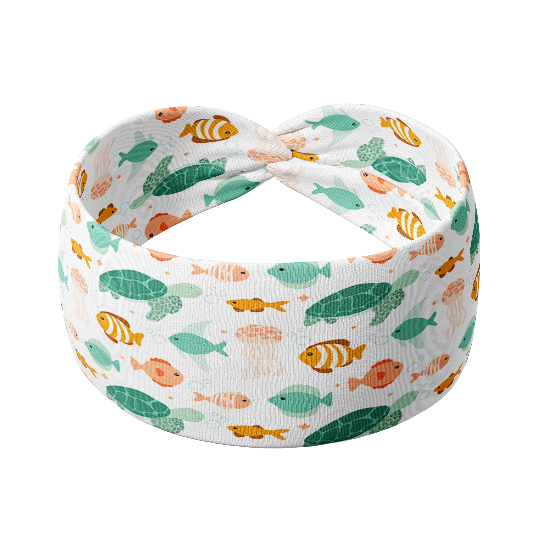 Adult women's white headband with sea life of green sea turtles, pink jellyfish, orange clownfish and other coral and teal fish