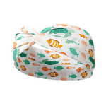 Adult women's white headband with sea life of green sea turtles, pink jellyfish, orange clownfish and other coral and teal fish