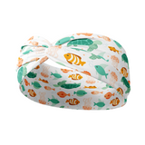 Adult women's white headband with sea life of green sea turtles, pink jellyfish, orange clownfish and other coral and teal fish