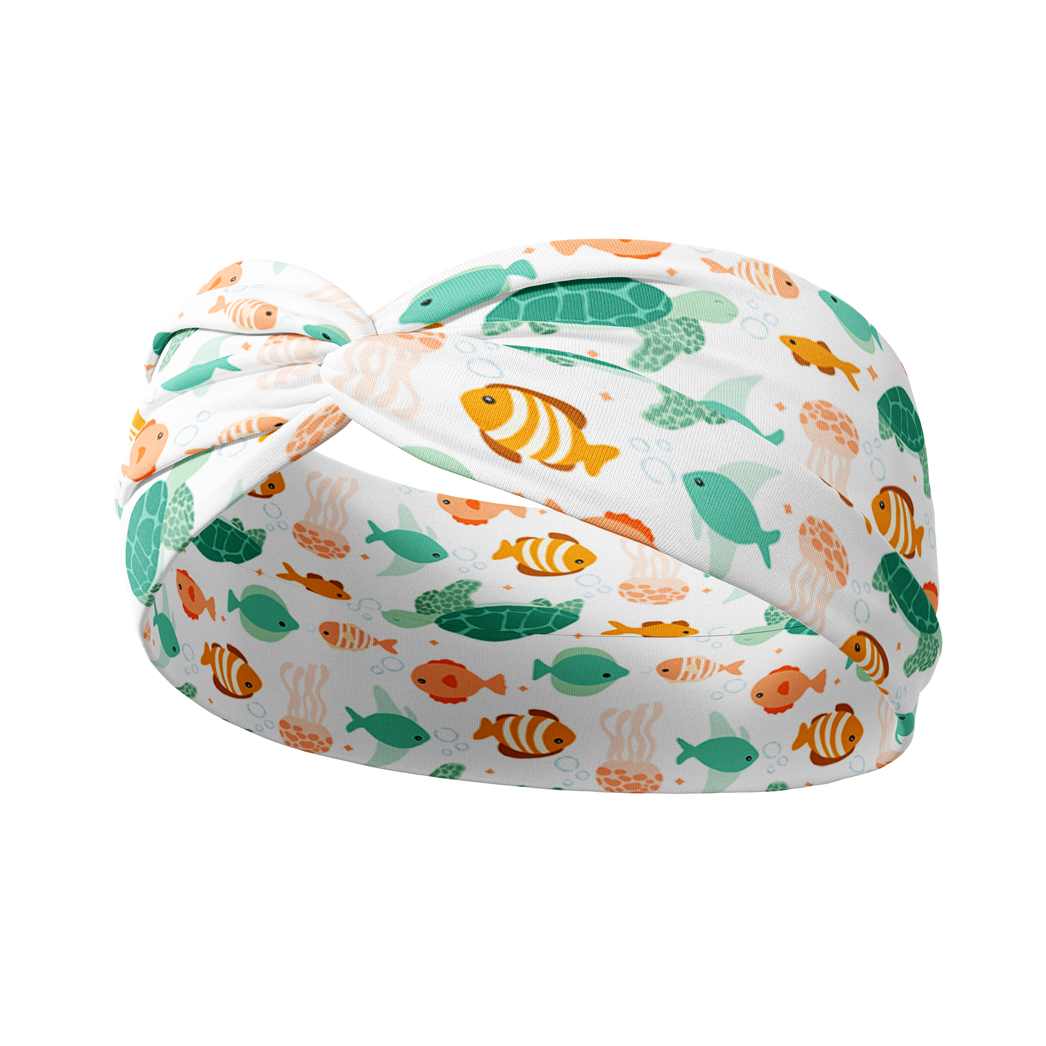 Adult women's white headband with sea life of green sea turtles, pink jellyfish, orange clownfish and other coral and teal fish