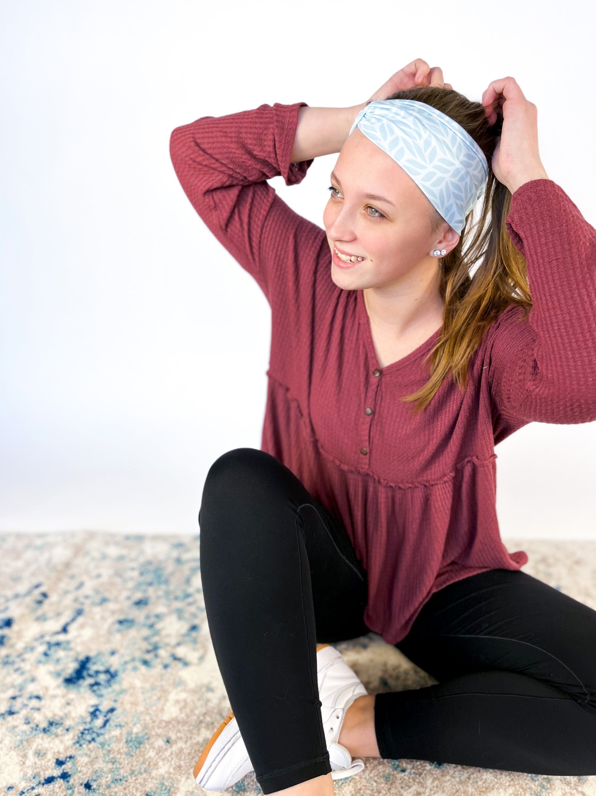 Adult women's light blue headband with blue leaves