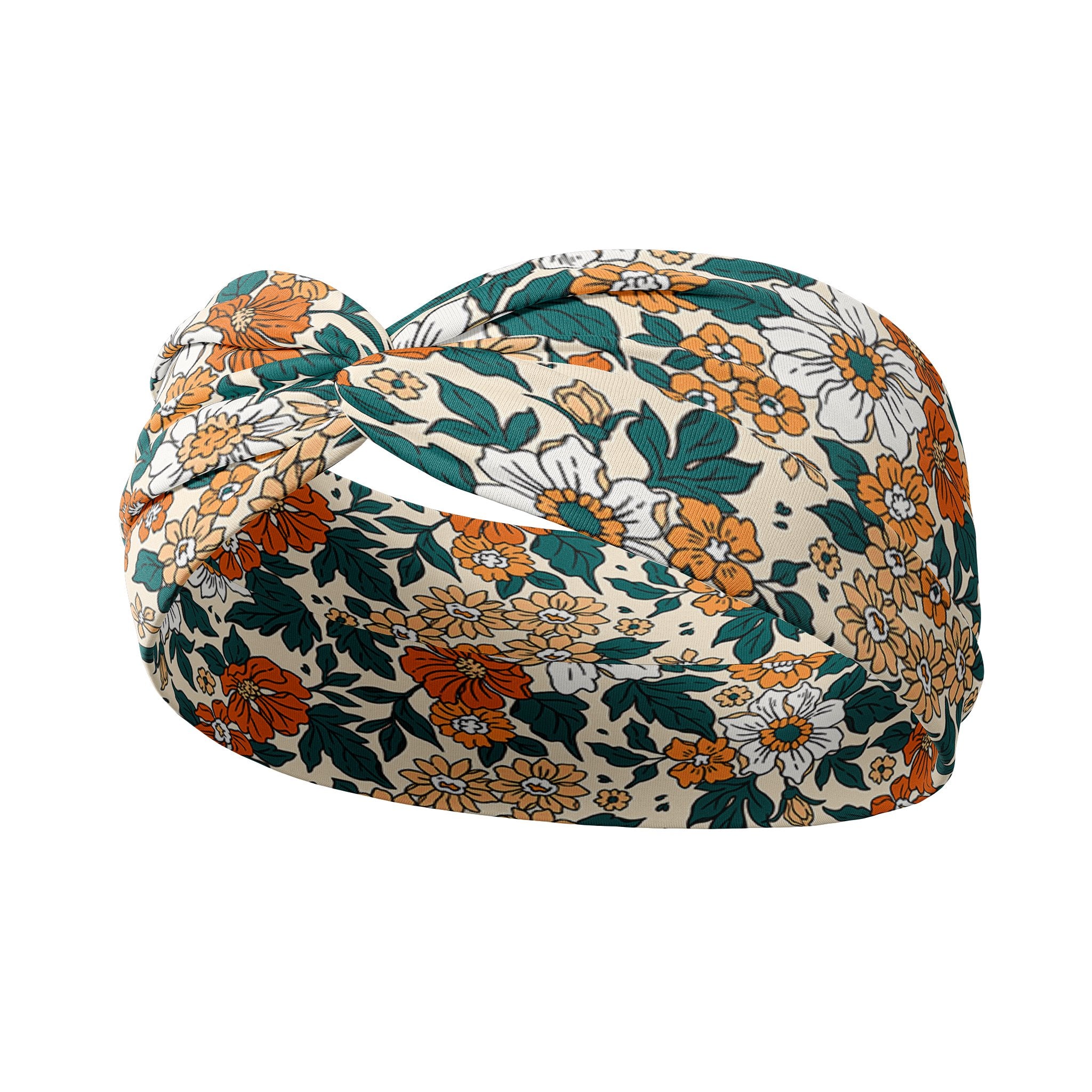 Adult women's beige headband with teal, orange and white floral print