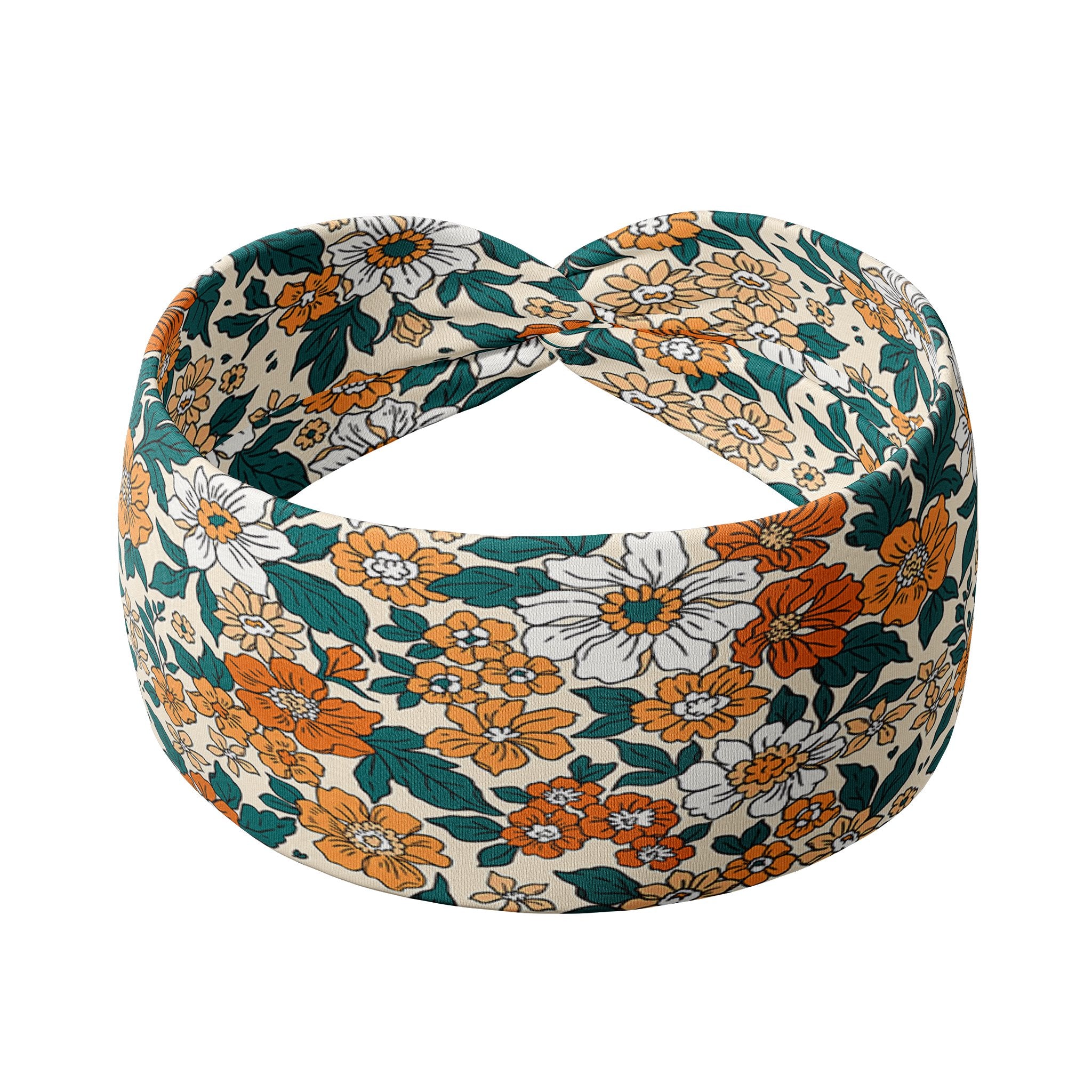 Adult women's beige headband with teal, orange and white floral print