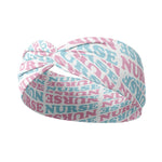 Adult women's white headband with pink and blue allover text saying "nurse"