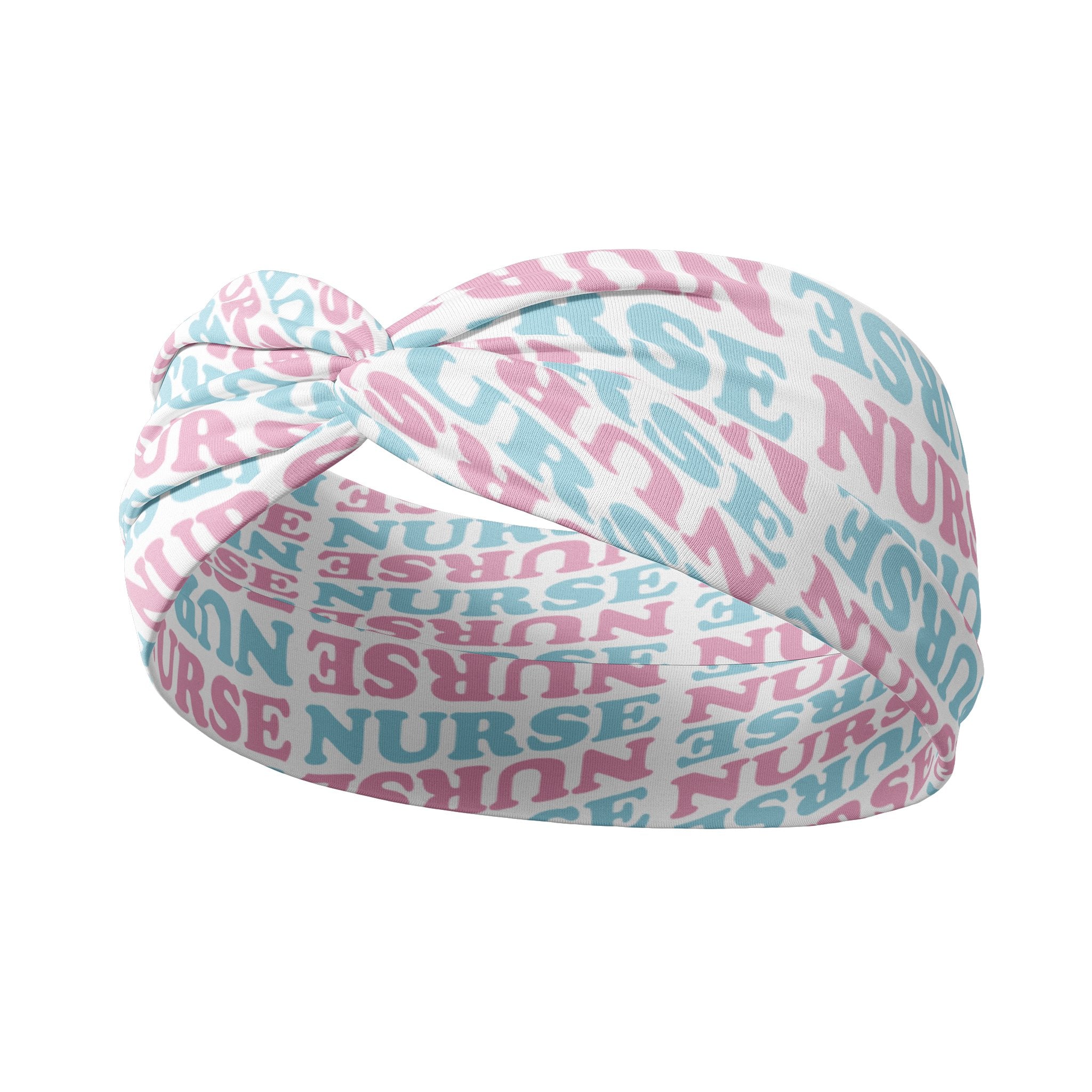Adult women's white headband with pink and blue allover text saying "nurse"