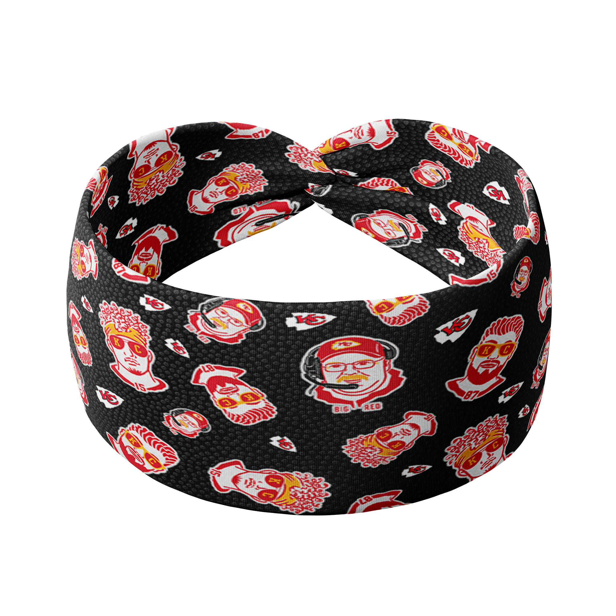 Adult women's black headband with yellow, red and white artistic cartoons of Patrick Mahomes, Avery Reid and Travis Kelce