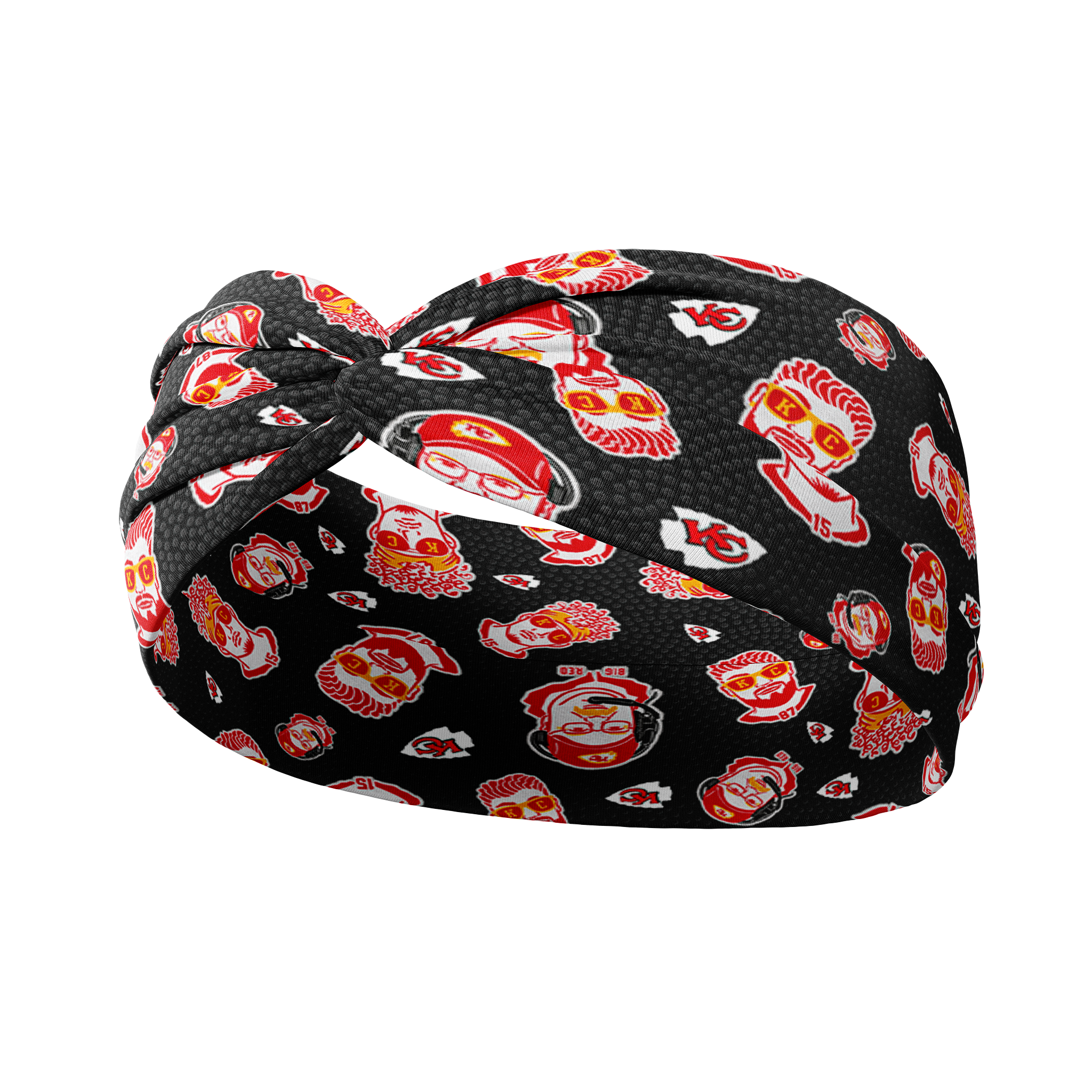 Adult women's black headband with yellow, red and white artistic cartoons of Patrick Mahomes, Avery Reid and Travis Kelce