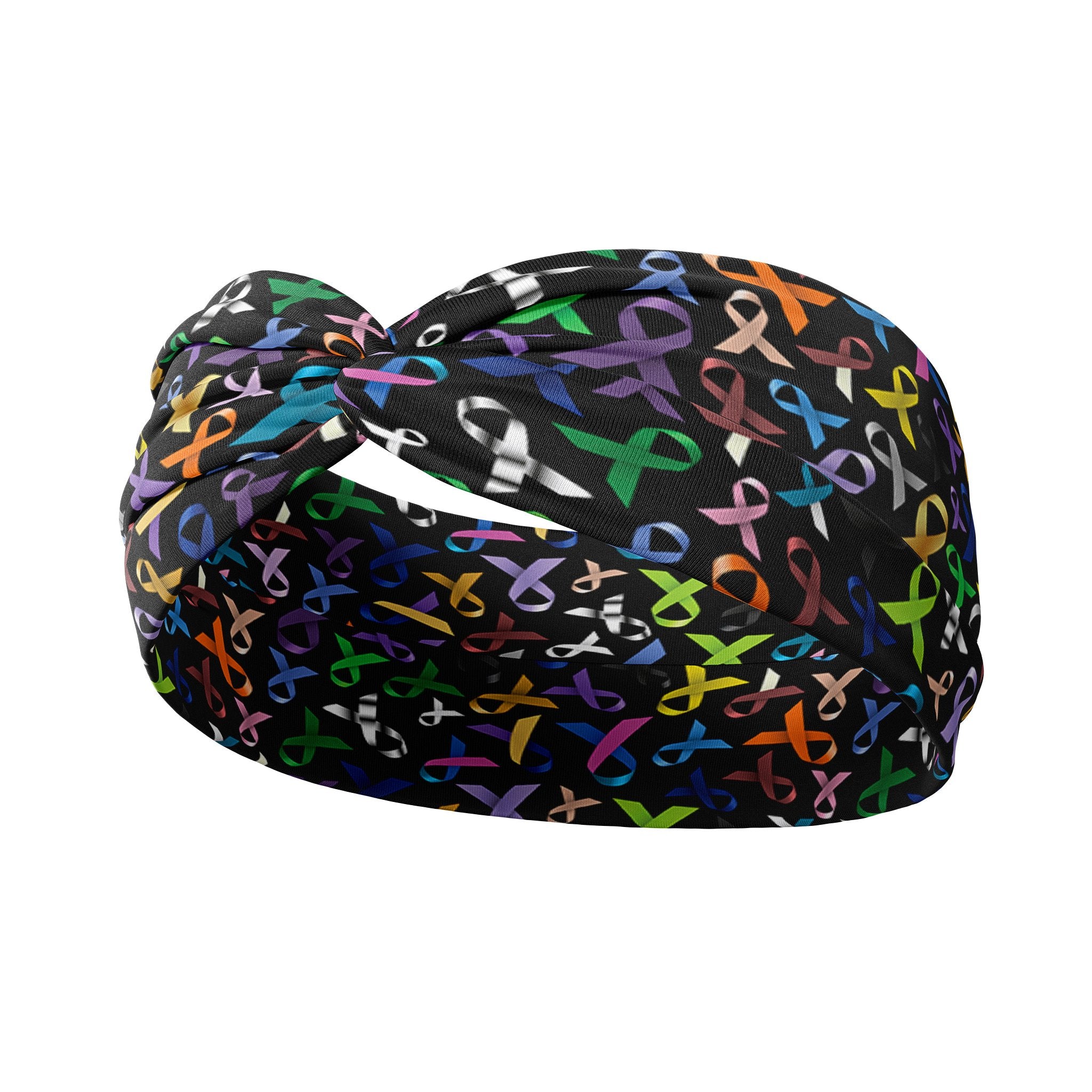 Adult women's black headband with every colored cancer ribbon print