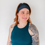 Adult women's onyx headband with off-black lines tribal lines and angles