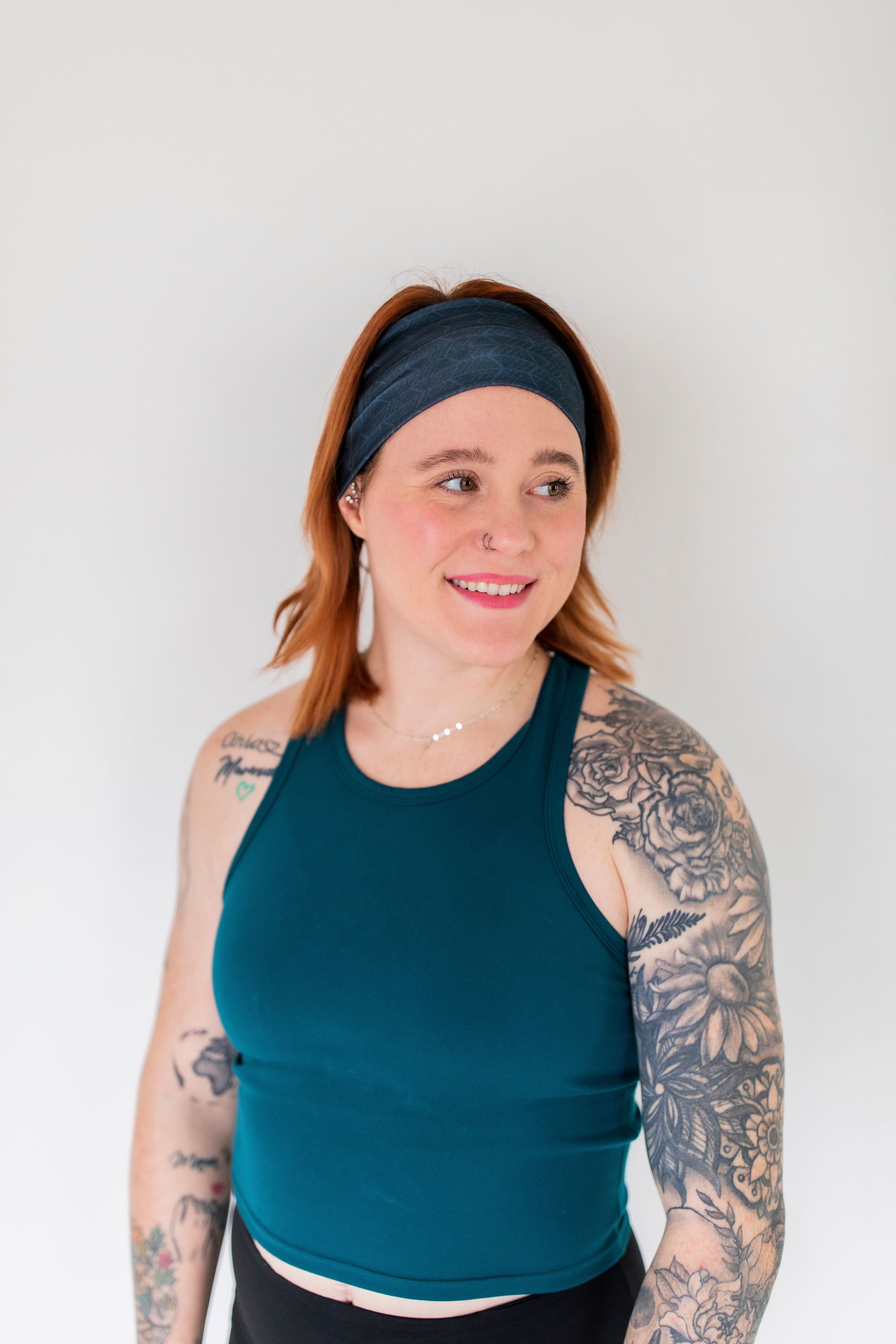 Adult women's onyx headband with off-black lines tribal lines and angles