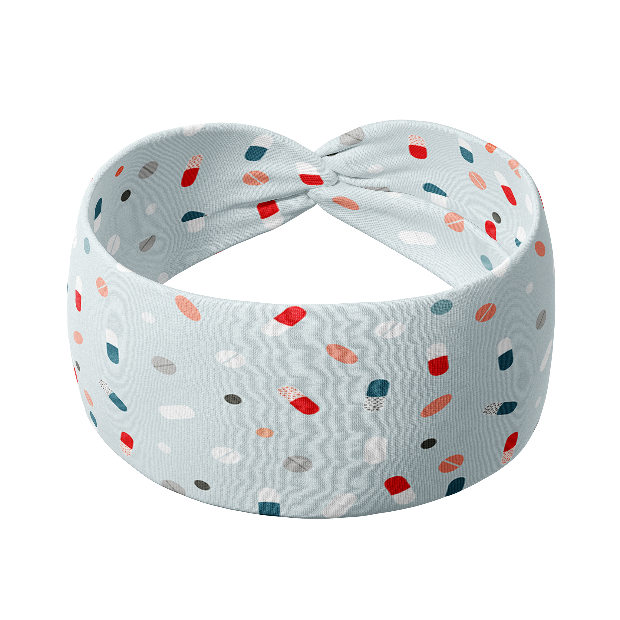 Adult women's eggshell blue headband with blue, red and white small pill print