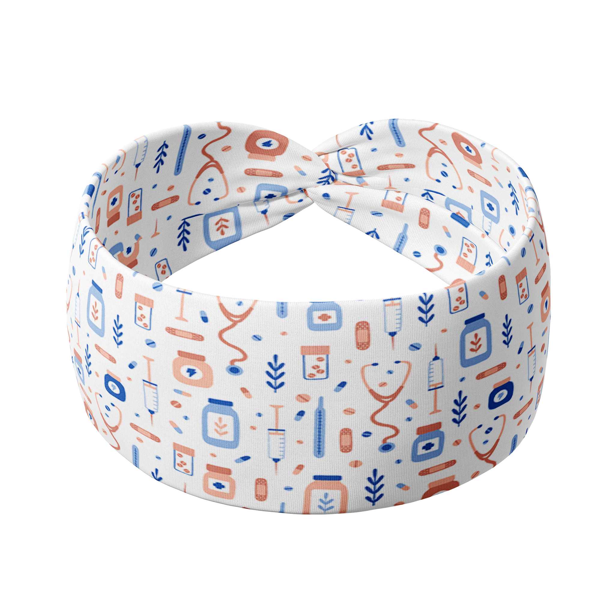 Adult women's white headband with blue and dark orange medium designs of pill bottles, syringes, stethoscopes, emergency bag, and leaves