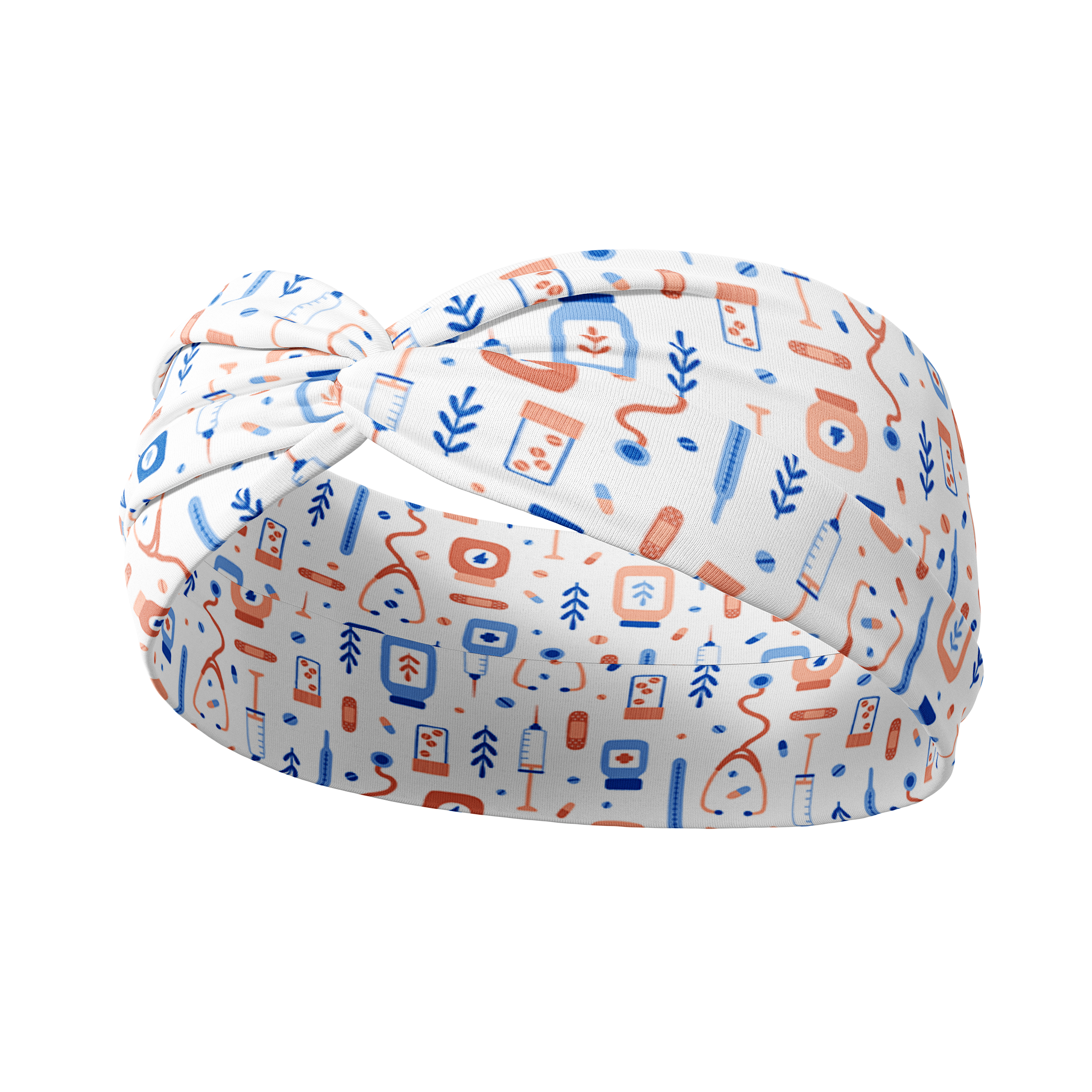 Adult women's white headband with blue and dark orange medium designs of pill bottles, syringes, stethoscopes, emergency bag, and leaves