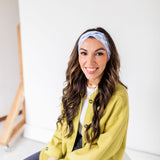 Adult women’s headband with white and blue checker print