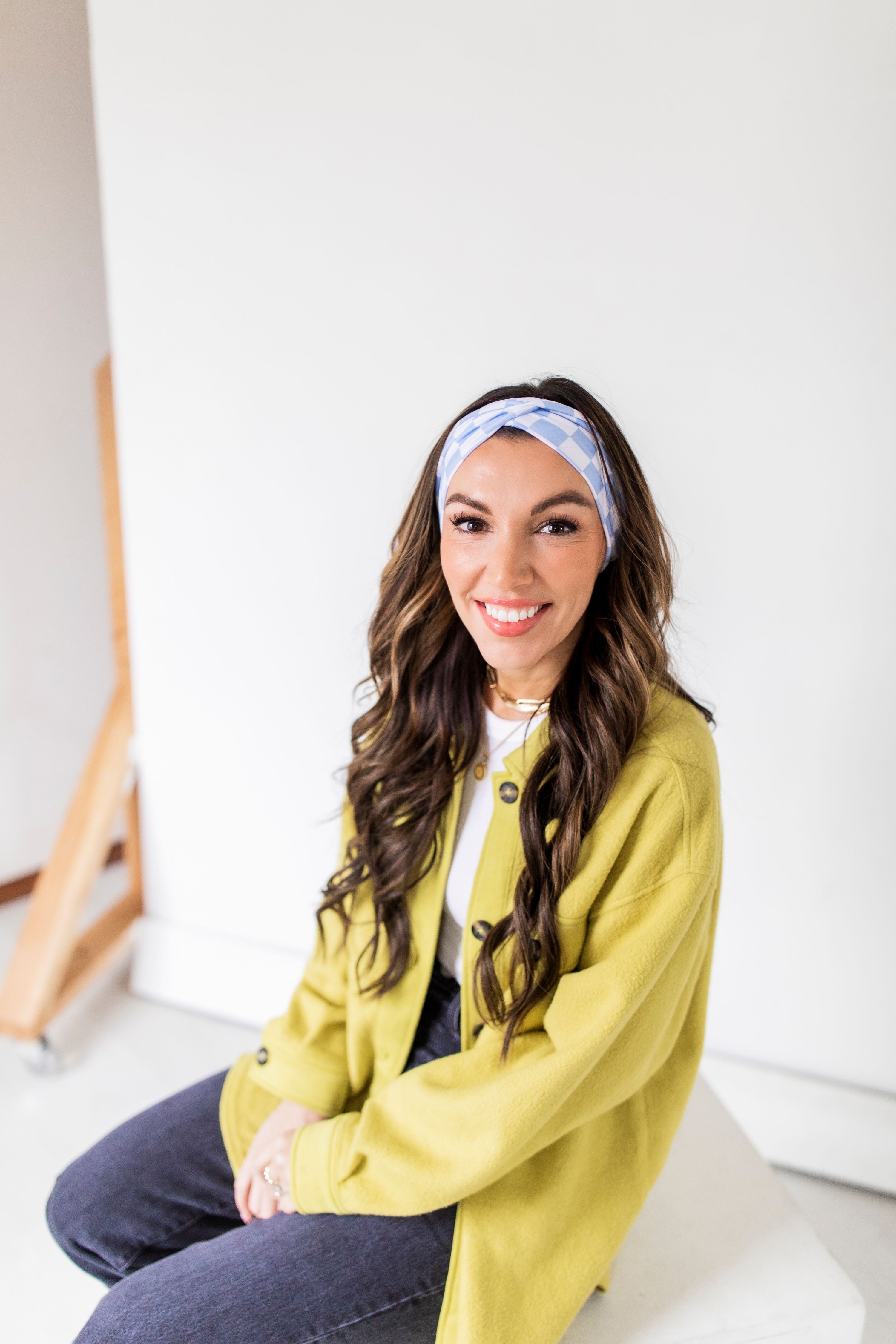 Adult women’s headband with white and blue checker print