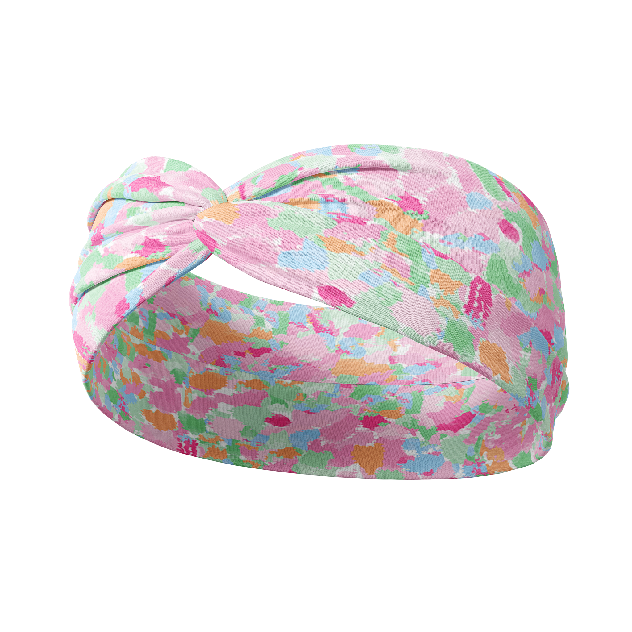 Adult women's headband with pastel pink, orange, blue, green, and magenta allover watercolor brush stroke design