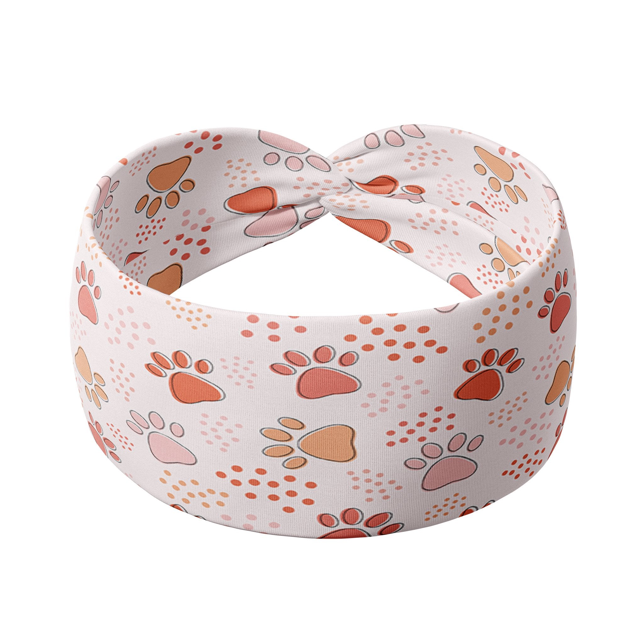 Adult women's ivory headband with blush, tan and orange pawprints and tiny dots