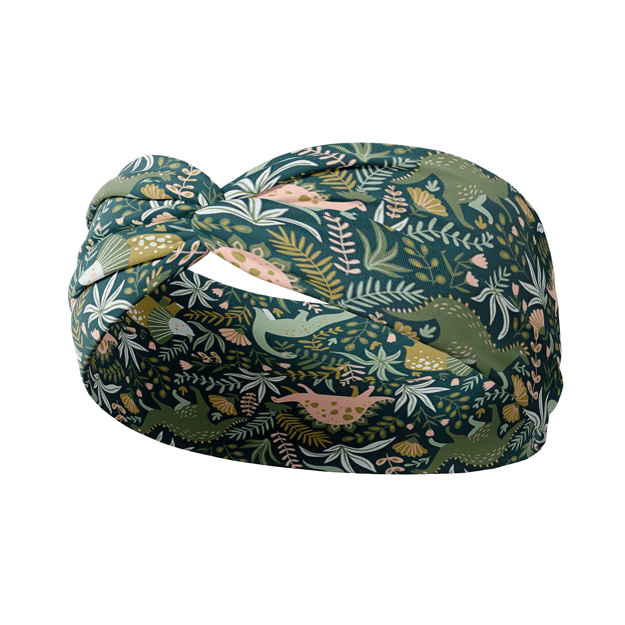 Adult women's green headband with dinosaur and greenery cartoon allover print