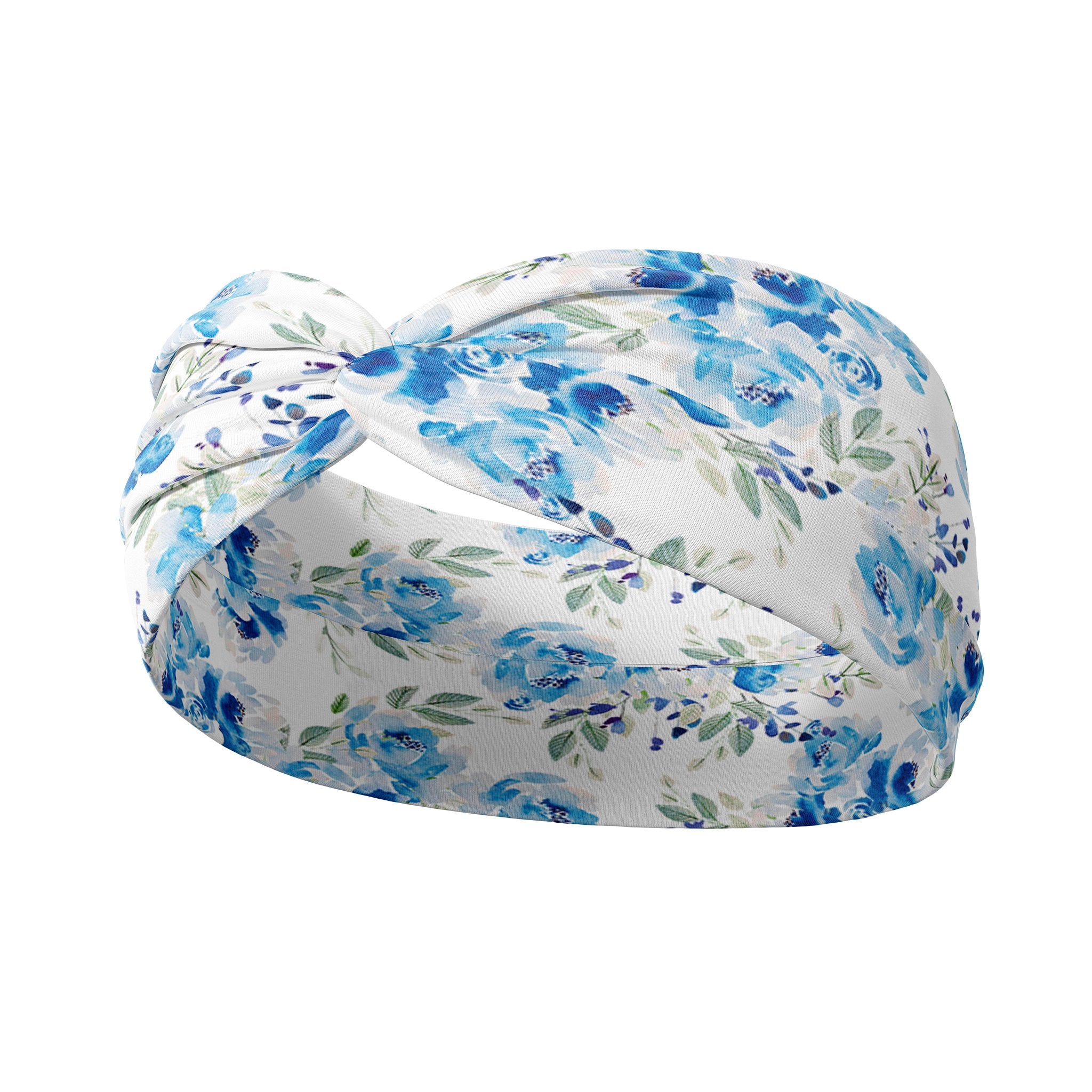 Adult women's white headband with blue and green watercolor forget me not flower print