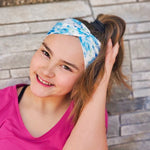 Adult women's white headband with blue and green watercolor forget me not flower print