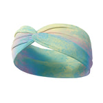 Adult women's splatter tie dye headband with blue, green, yellow, and pink