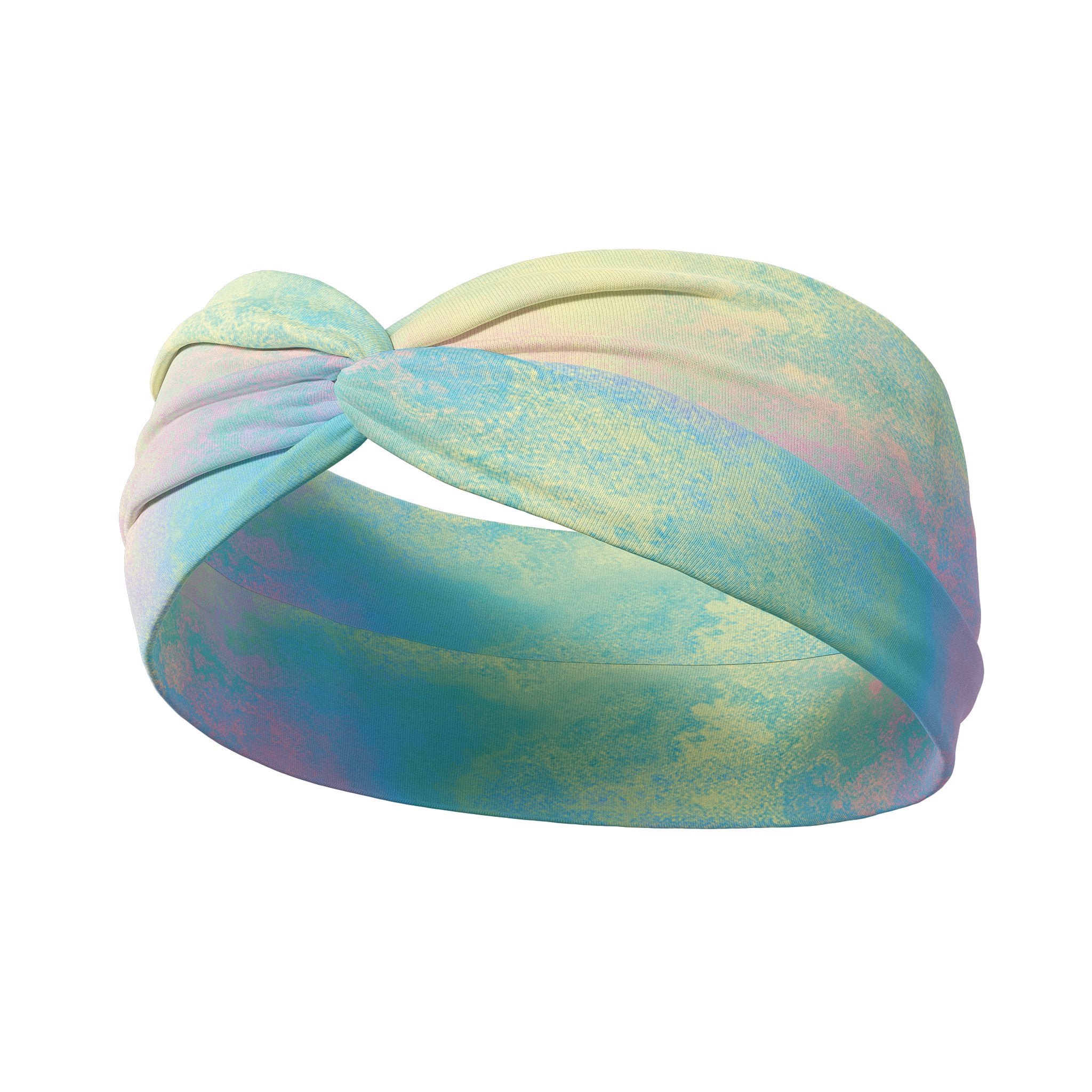Adult women's splatter tie dye headband with blue, green, yellow, and pink