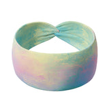 Adult women's splatter tie dye headband with blue, green, yellow, and pink