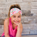 Adult women's white headband with pink, hot pink, blue and green watercolor flowers and greenery