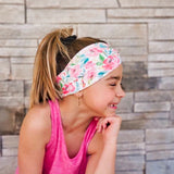 Adult women's white headband with pink, hot pink, blue and green watercolor flowers and greenery