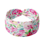 Adult women's white headband with pink, hot pink, blue and green watercolor flowers and greenery