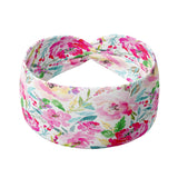 Adult women's white headband with pink, hot pink, blue and green watercolor flowers and greenery