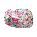 Adult women's white headband with pink, hot pink, blue and green watercolor flowers and greenery