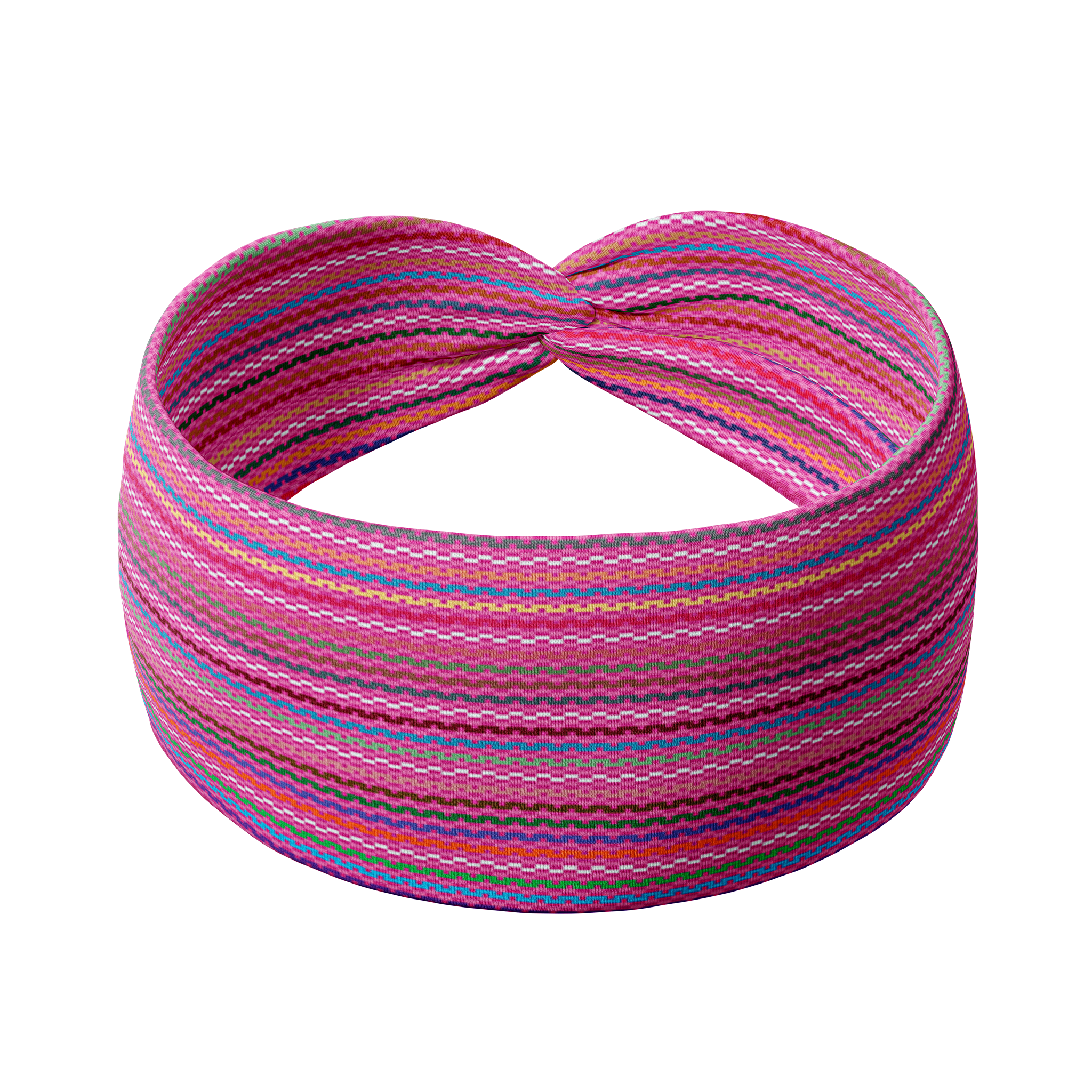 Adult women's fuchsia headband with purple, yellow, green and blue serape stripe pattern